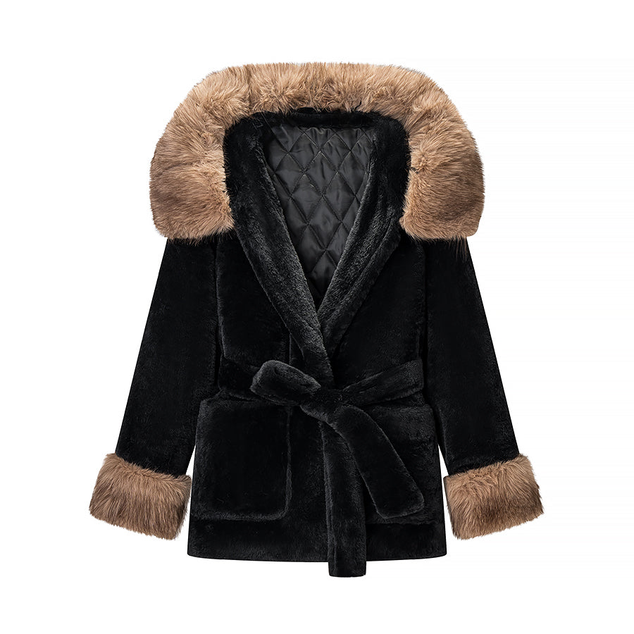 Black faux fur coat with tan fluffy hood and cuffs, Langry fashion