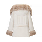 Cream-colored faux fur coat with fluffy Langry fashion hood and cuffs