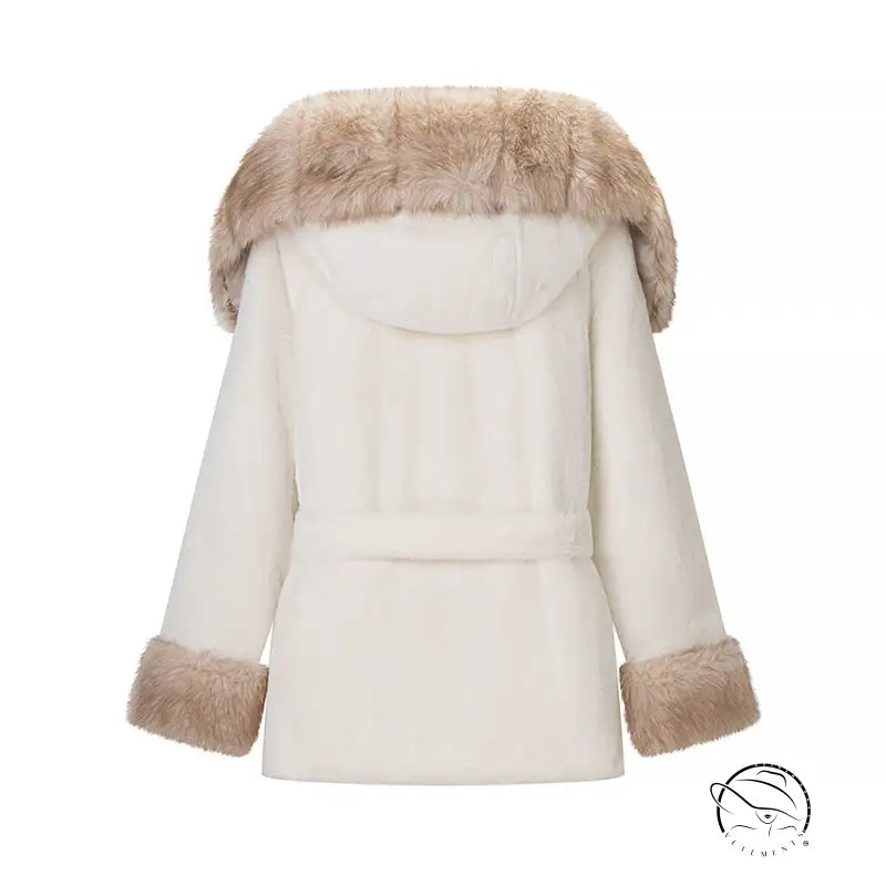 Cream-colored faux fur coat with fluffy beige hood and cuffs