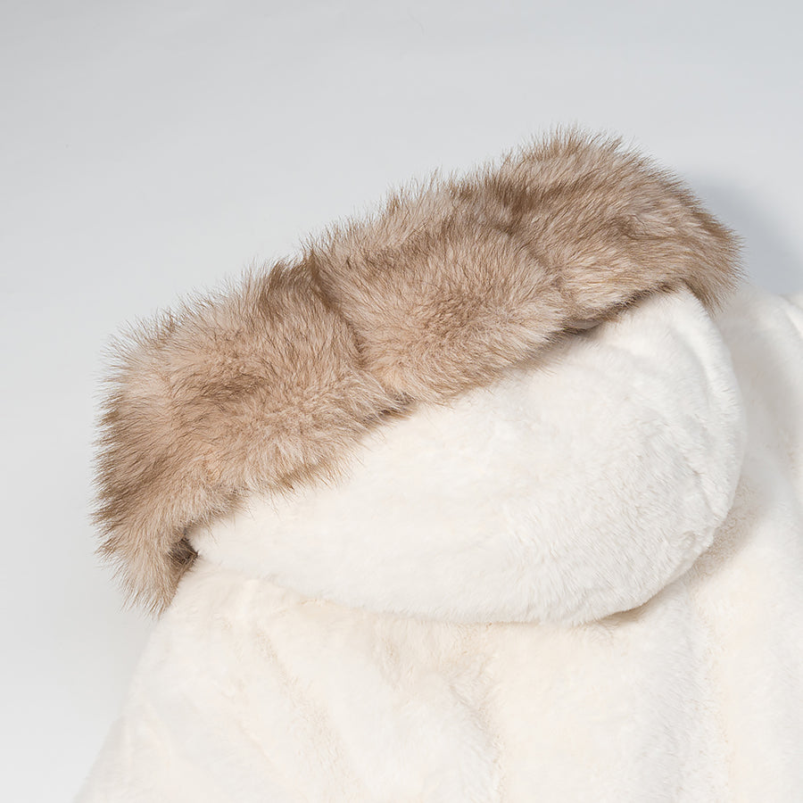 White faux fur coat with tan plush-lined hood and Langry fashion velvet trim