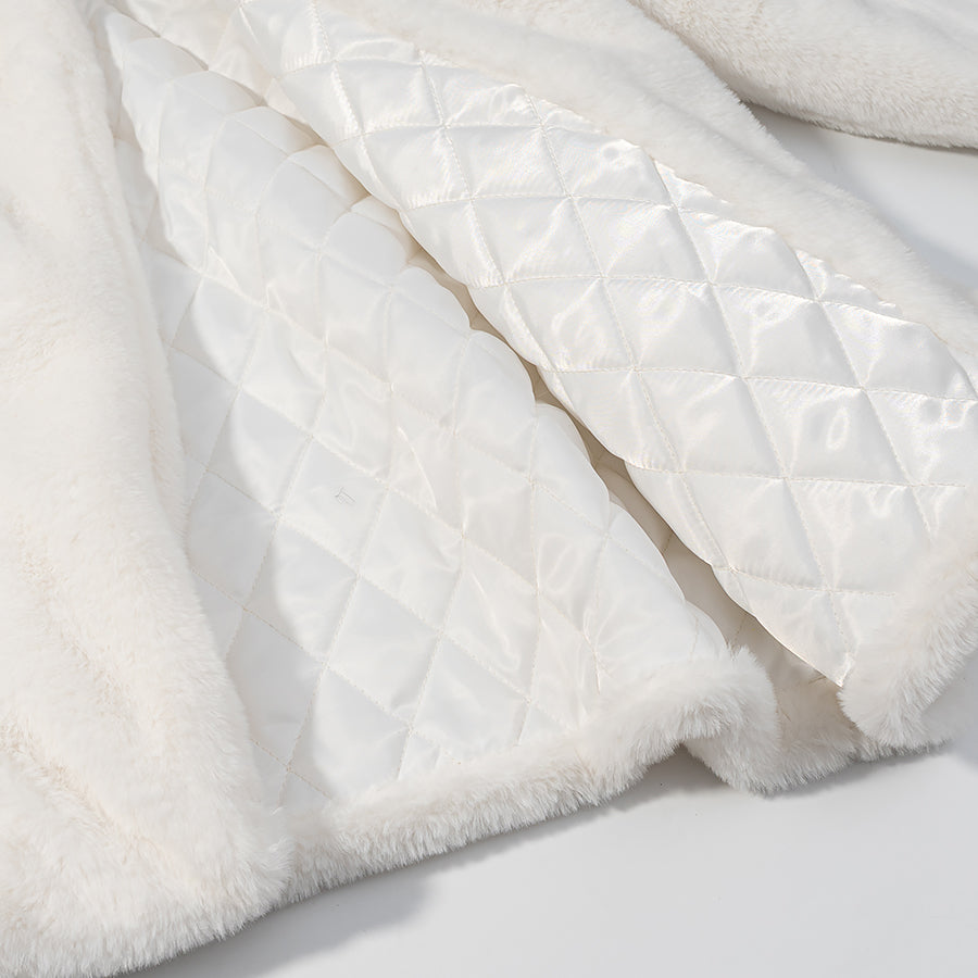 White faux fur coat with quilted satin lining and Langry fashion velvet trim