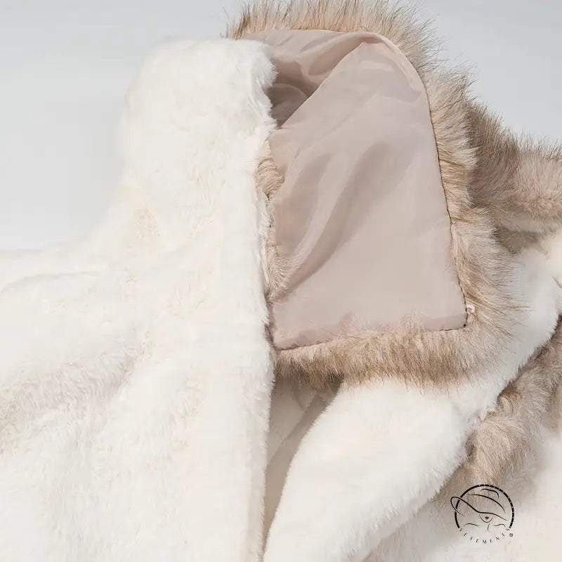 Langry faux fur hooded coat with beige lining and tan trim
