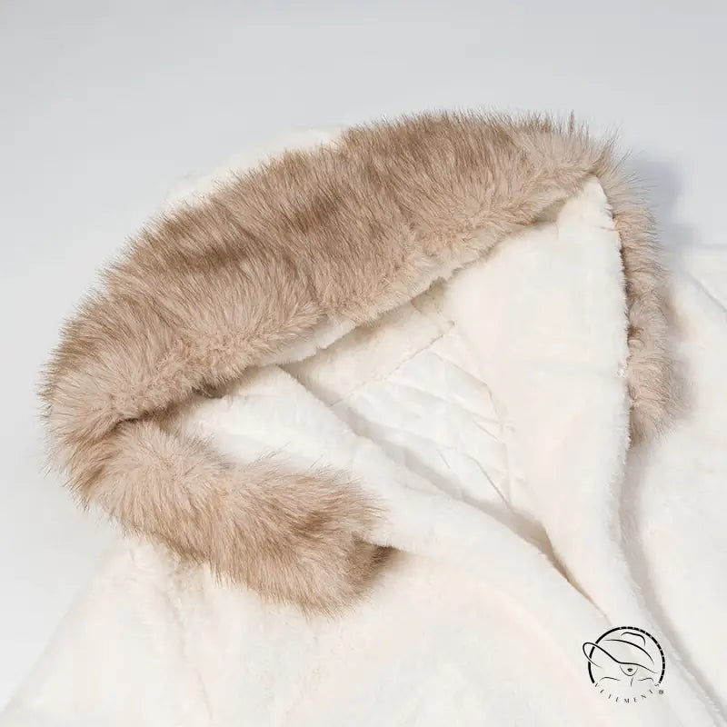 Plush white coat with tan faux fur hood in Langry fashion style