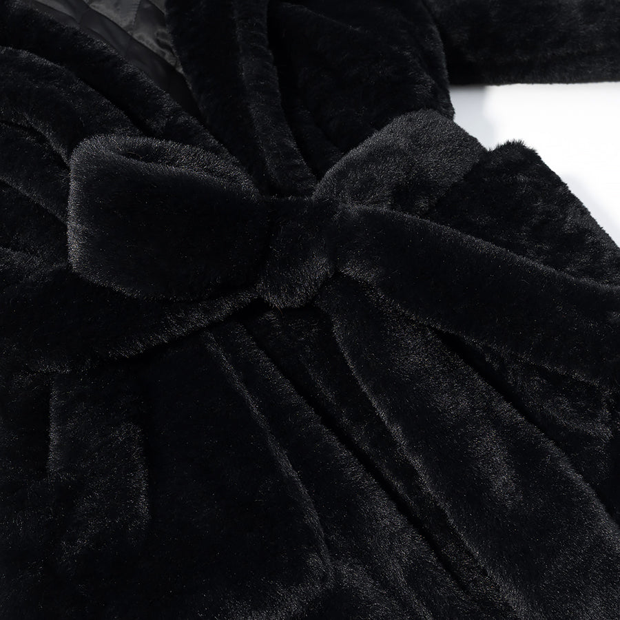 Langry black faux fur robe with velvet texture and waist bow
