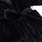 Langry black faux fur robe with velvet texture and waist bow