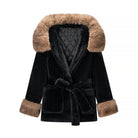 Black faux fur coat with tan fluffy hood, Langry fashion style