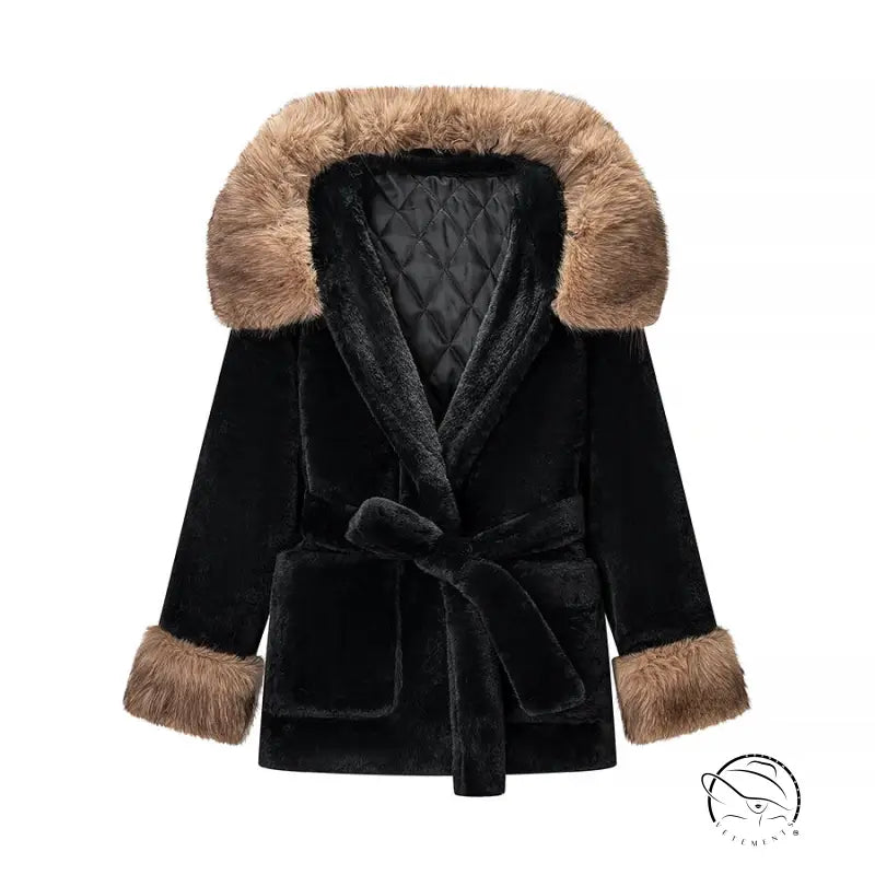 Black faux fur coat with tan fluffy hood and cuffs in Langry fashion