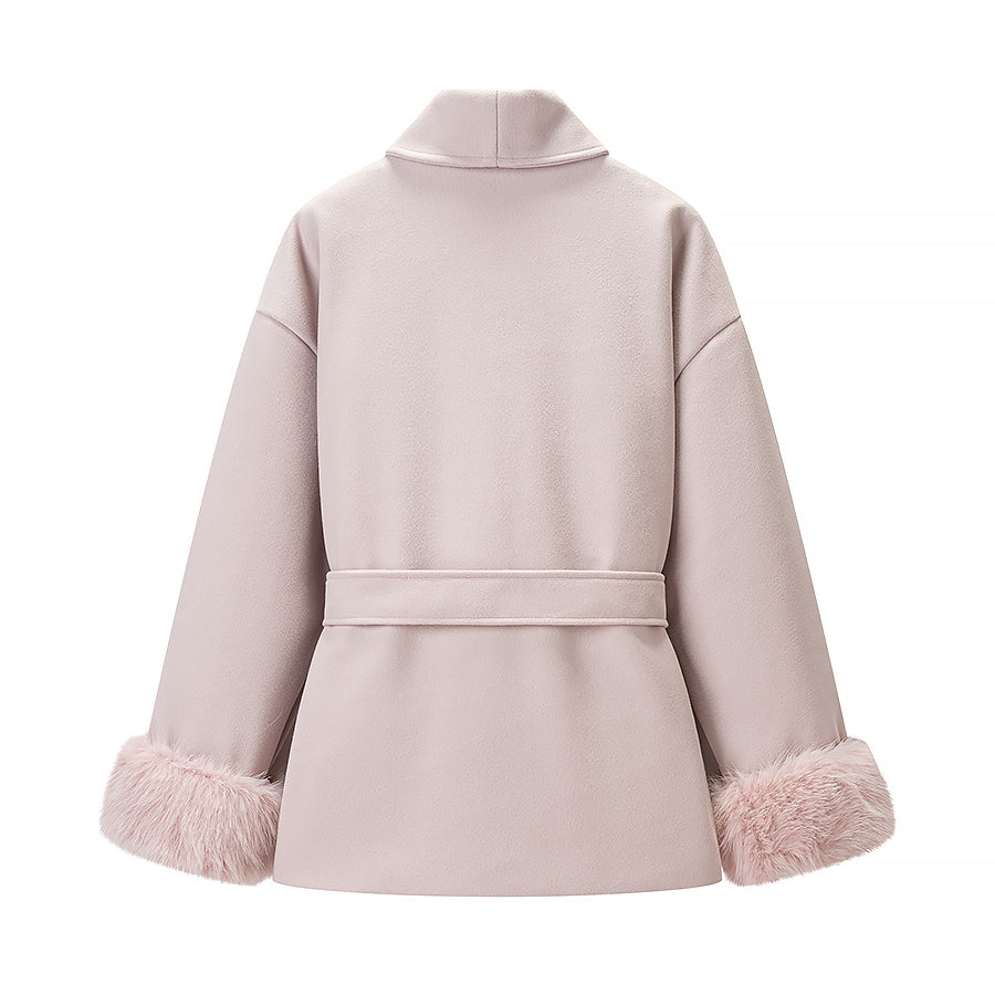 Elegant langry fashion wool coat with belted waist and pink fur trim