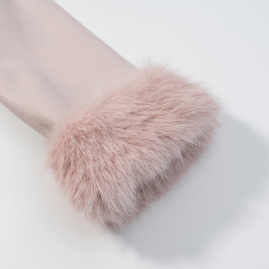 Blush-pink faux fur cuff on sheer sleeve of Langry elegant lace-up woolen coat