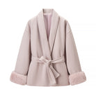 Elegant langry fashion wool coat with blush fur trim and waist belt