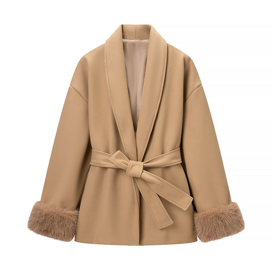 Elegant langry fashion beige wool-blend coat with faux fur cuffs