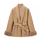 Elegant langry fashion beige wool-blend coat with faux fur cuffs