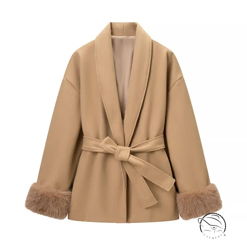 Elegant langry fashion beige wool-blend coat with faux fur cuffs and belt