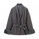 Elegant langry fashion gray faux fur-trimmed woolen coat