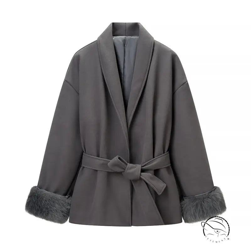 Elegant langry fashion gray faux fur-trimmed belted woolen coat