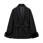 Elegant langry fashion black faux fur-trimmed woolen coat