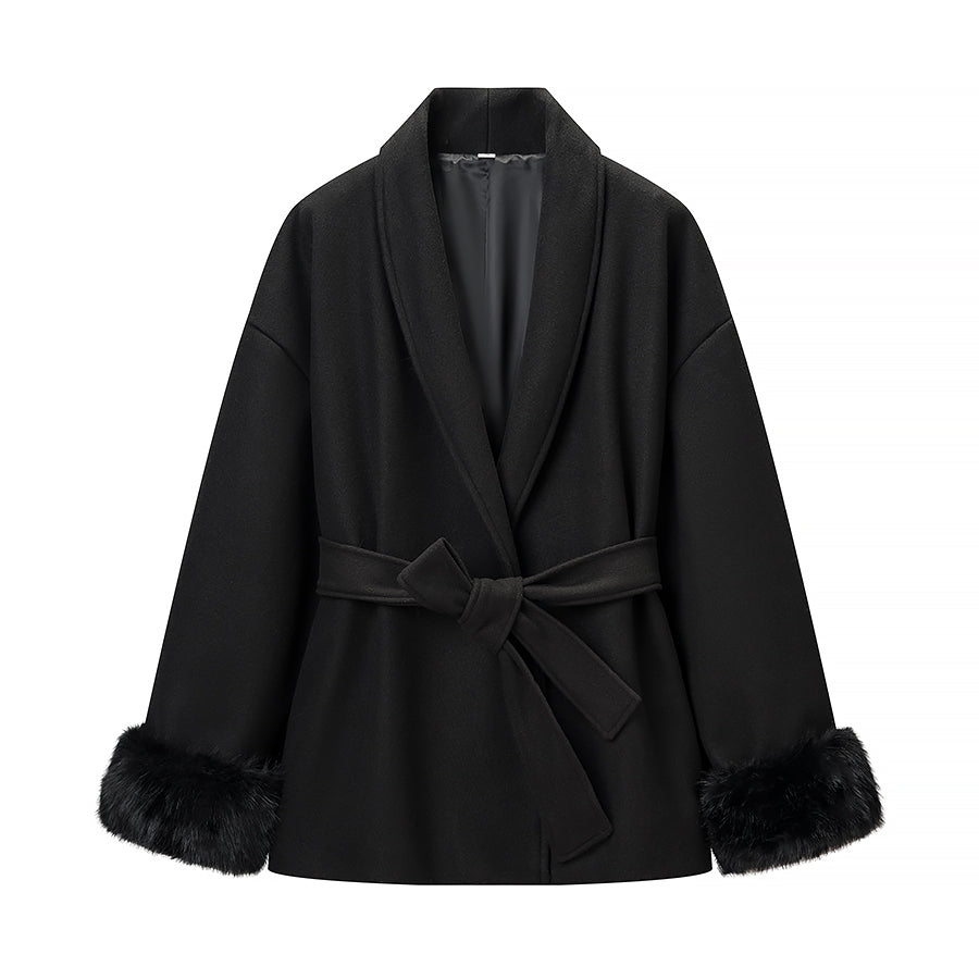 Elegant langry fashion black faux fur-trimmed woolen coat