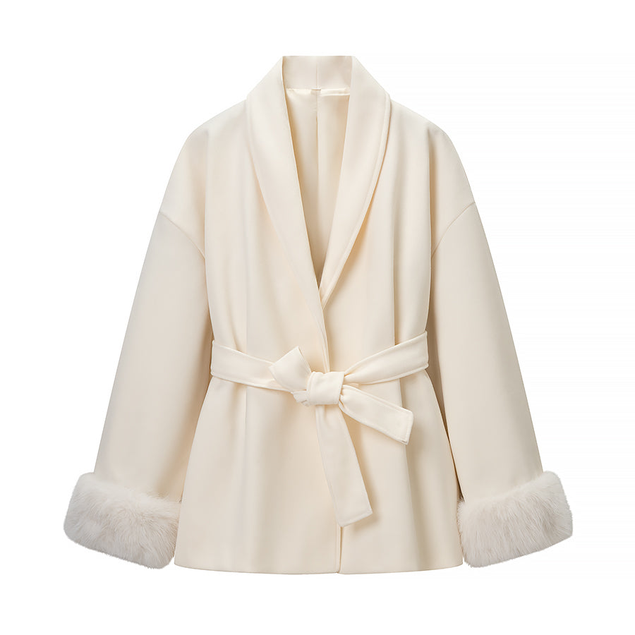 Elegant langry fashion wool coat with faux fur cuffs and bow belt