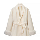 Elegant langry fashion wool coat with faux fur cuffs and bow belt