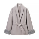 Elegant langry fashion woolen coat with belted waist and faux fur trim