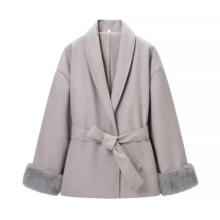 Elegant langry fashion woolen coat with belted waist and faux fur trim
