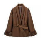 Elegant langry fashion brown woolen coat with faux fur trim and belted waist