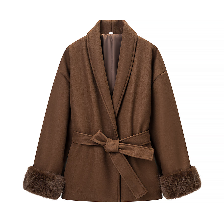 Elegant langry fashion brown woolen coat with faux fur trim and belted waist