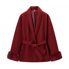 Elegant langry burgundy wool-blend coat with belted waist and faux fur cuffs