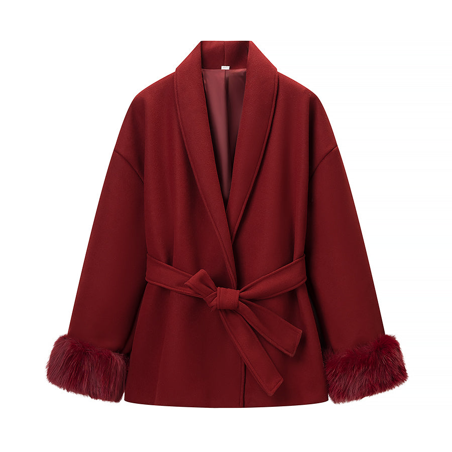 Elegant langry burgundy wool-blend coat with belted waist and faux fur cuffs