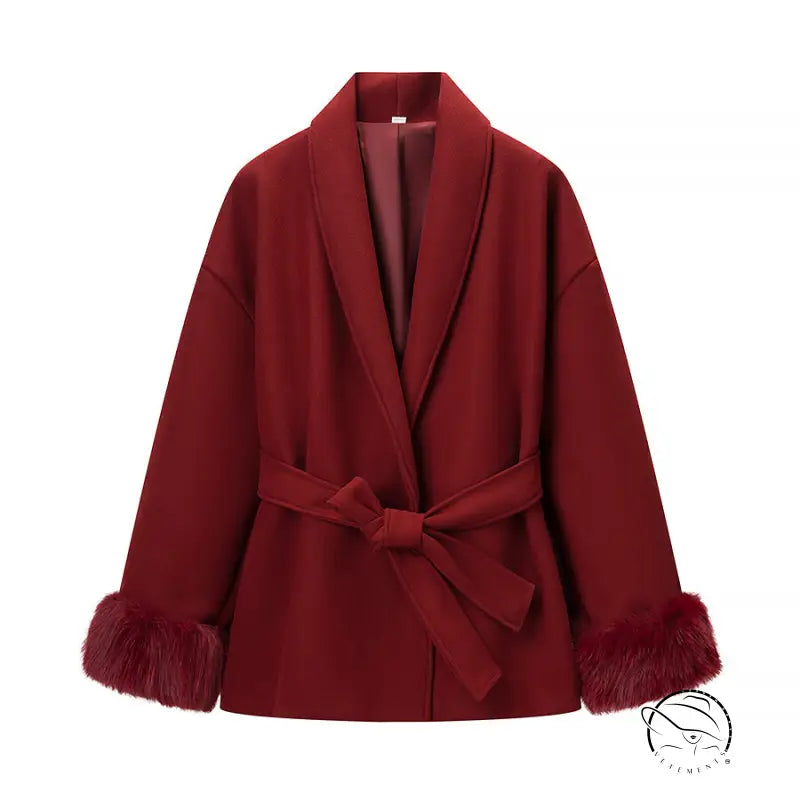 Elegant langry burgundy wool coat with belted waist and faux fur cuffs