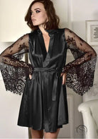 Beautiful long sleeve imitation ice silk robe with black satin and lace sleeves