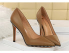 Brown leather stiletto heels with studded trim for stylish party fashion ملابس