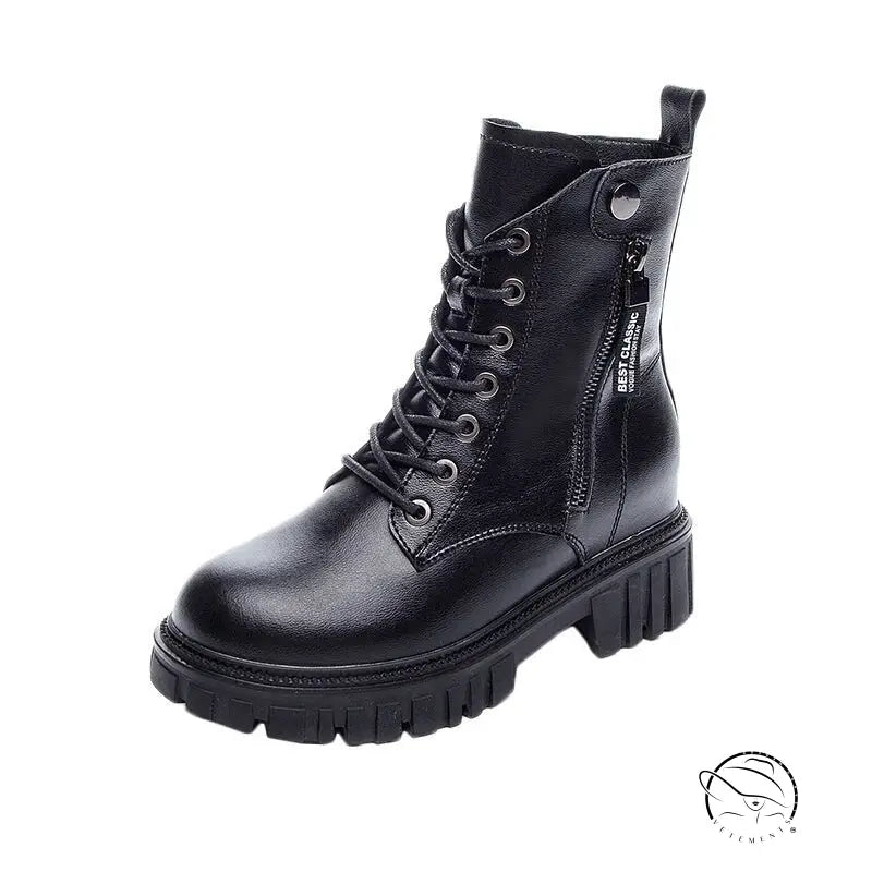 Black single genuine leather waterproof platform combat boot with chunky sole and side zipper