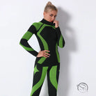 Black and green seamless knitted turtleneck yoga top with futuristic pattern