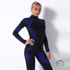 Blue and black seamless knitted turtleneck yoga jumpsuit with geometric pattern