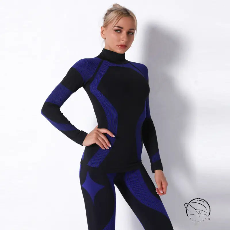 Blue and black seamless knitted turtleneck yoga jumpsuit with geometric pattern