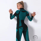 Green and black seamless knitted turtleneck yoga top with geometric neoprene patterns