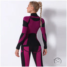 Magenta and black seamless knitted turtleneck yoga top with textured spandex pattern