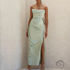 Elegant langry mint green satin strapless gown with slit and ruched bodice