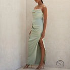 Elegant mint green strapless langry fashion evening gown with side slit
