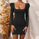 Black ruched bodycon dress with long puff sleeves, ideal for stylish fashion choices