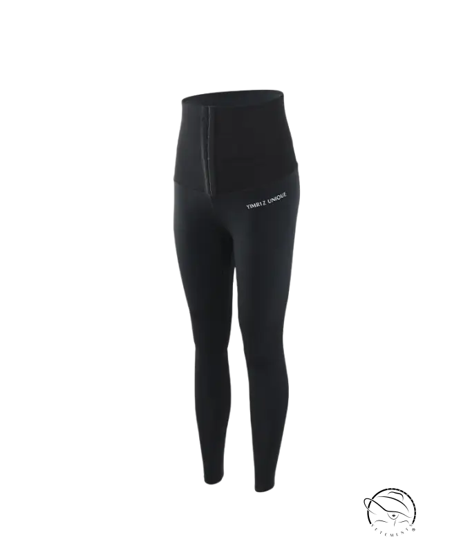Black high-waisted waist shaping fitness pants with front zipper and Ymriz Unique branding
