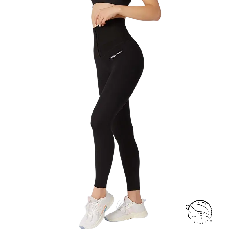 Black high-waisted waist shaping fitness pants with white side logo