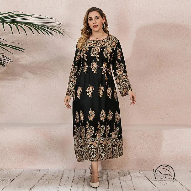 Ethnic Loose Maxi Dress Cashew Printed Long Sleeve