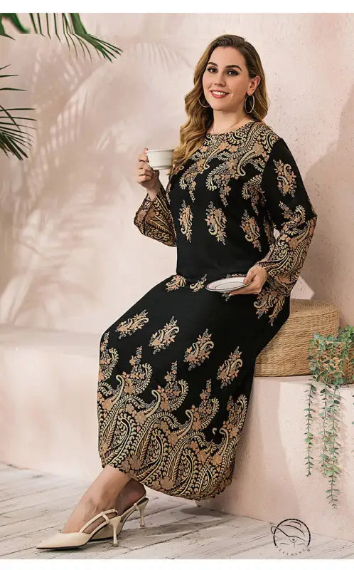 Ethnic Loose Maxi Dress Cashew Printed Long Sleeve
