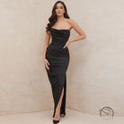 Elegant strapless black langry fashion evening gown with side slit