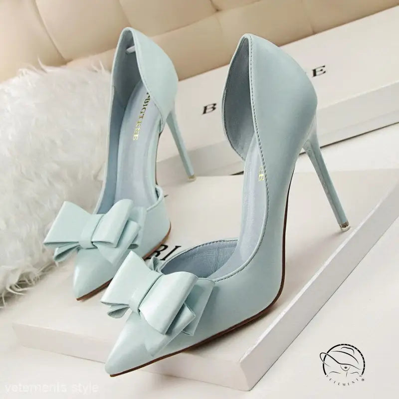 Pale blue stiletto high heels with bows, perfect blend of elegance