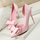 Pink stiletto high heels with decorative bows, a perfect blend of elegance and style
