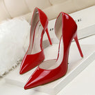 Glossy red stiletto heels with pointed toes for Langry fashion wardrobe enhancement