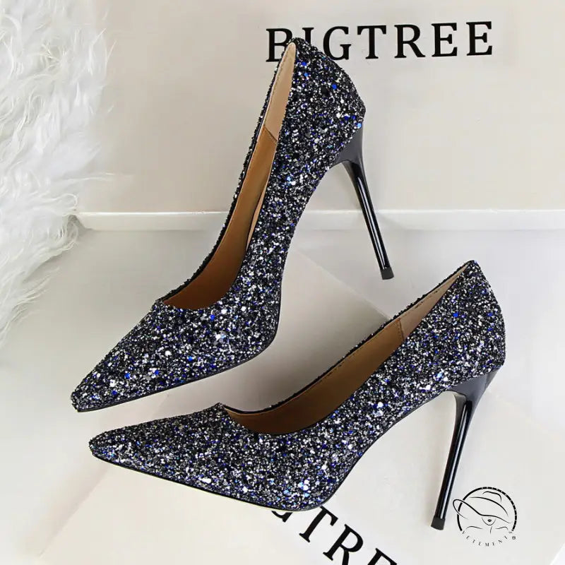 Elegant langry blue glitter fashion high heel pump with pointed toe